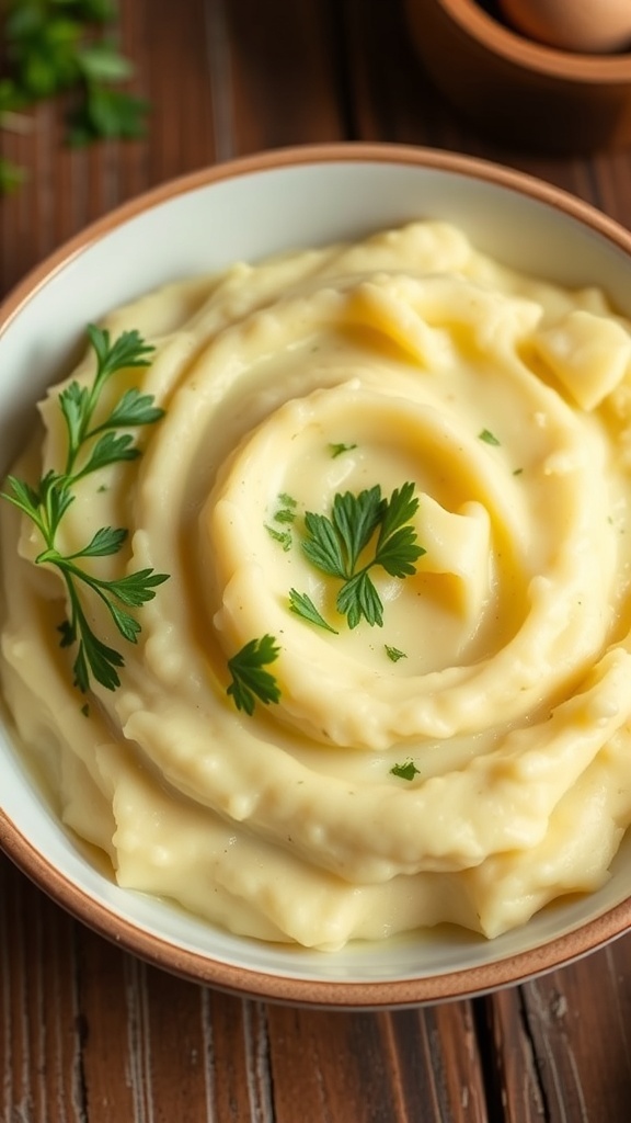 Creamy mashed matoke in a bowl garnished with herbs, on a rustic wooden table.